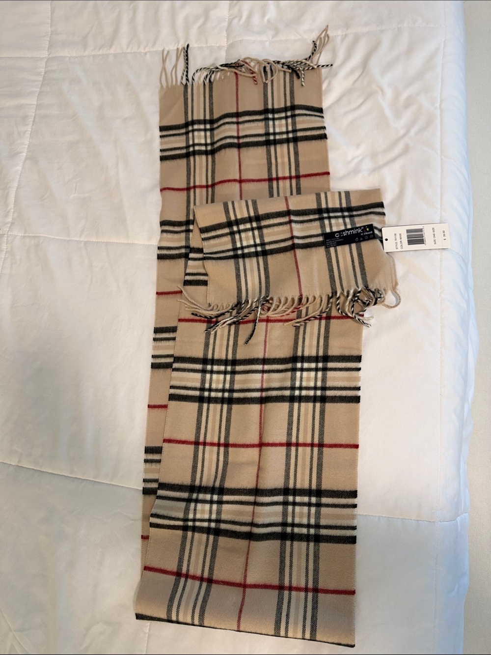 Macy's Beige Plaid Scarf with Black and Red Accents